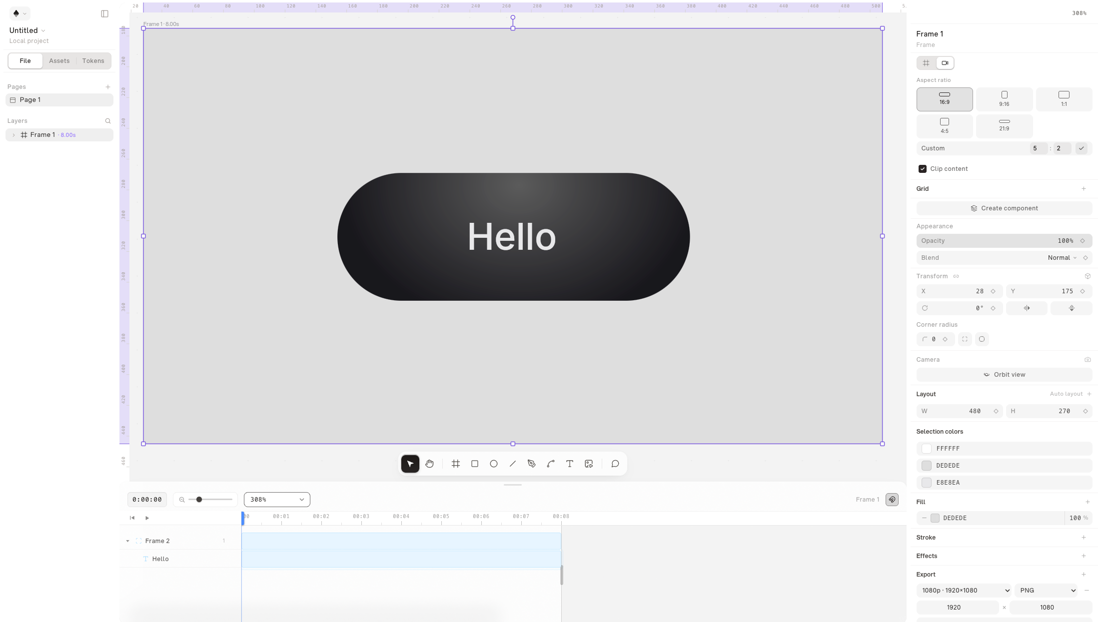 Motioner editor with a selected video frame, timeline, layers panel, and properties panel.